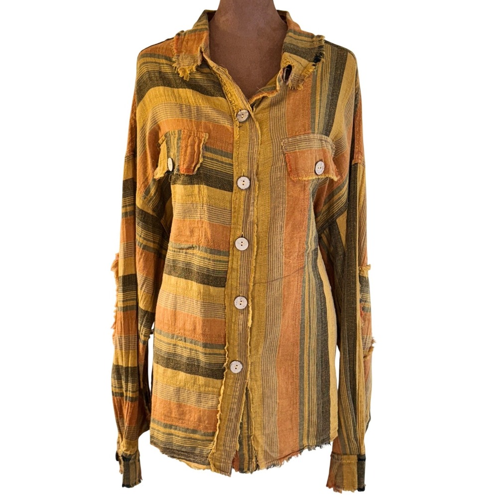 Oli & Hali Oversized Large Top/Shacket Striped Cotton Raw Edge Boho Pockets NWOT